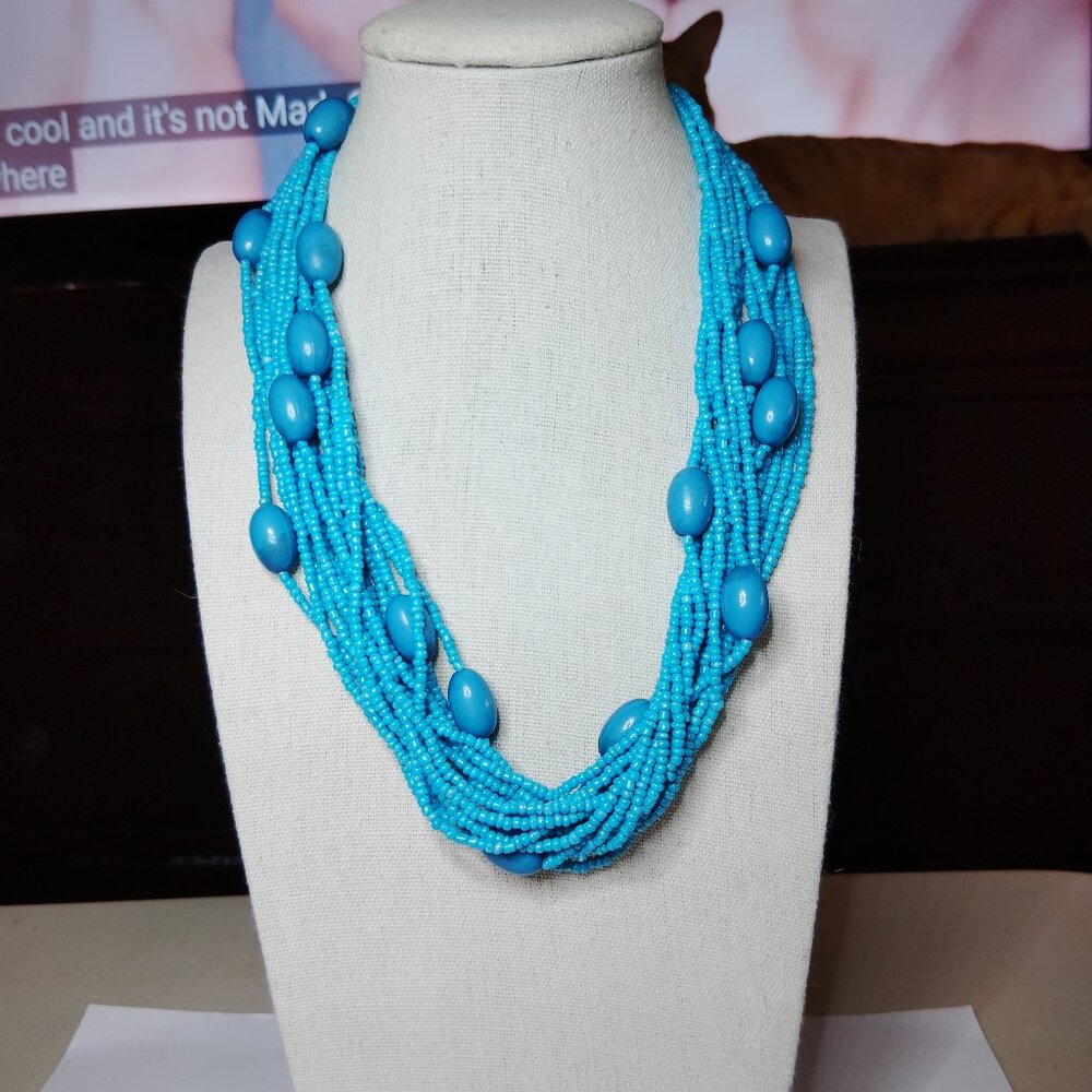 16-Strand Blue Seed Bead Necklace with Acrylic Accents, Adjustable Length